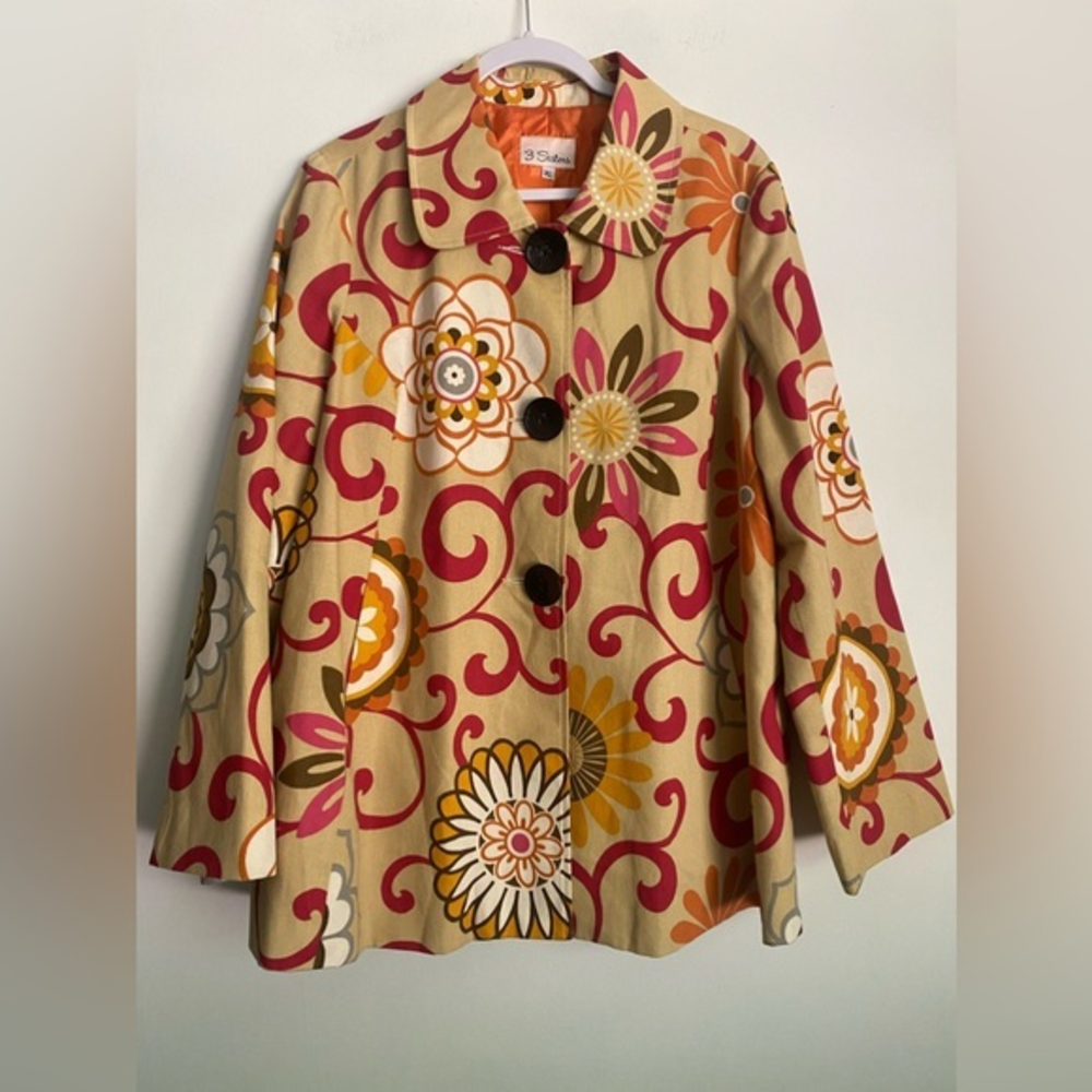 3 Sisters Mod Floral Swing Jacket Made In‎ USA Size XL